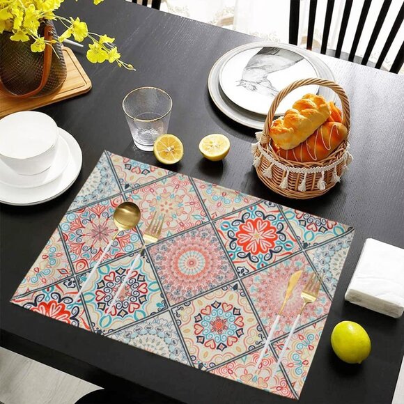 Table Placemats Set of 4 Boho Place Mats Linen Wipeable Placemats Heat Resistant - Picture 2 of 7